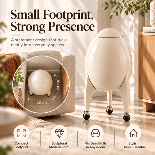 Modern Sculptural Rolling Trash Can with Press-to-Open Lid
