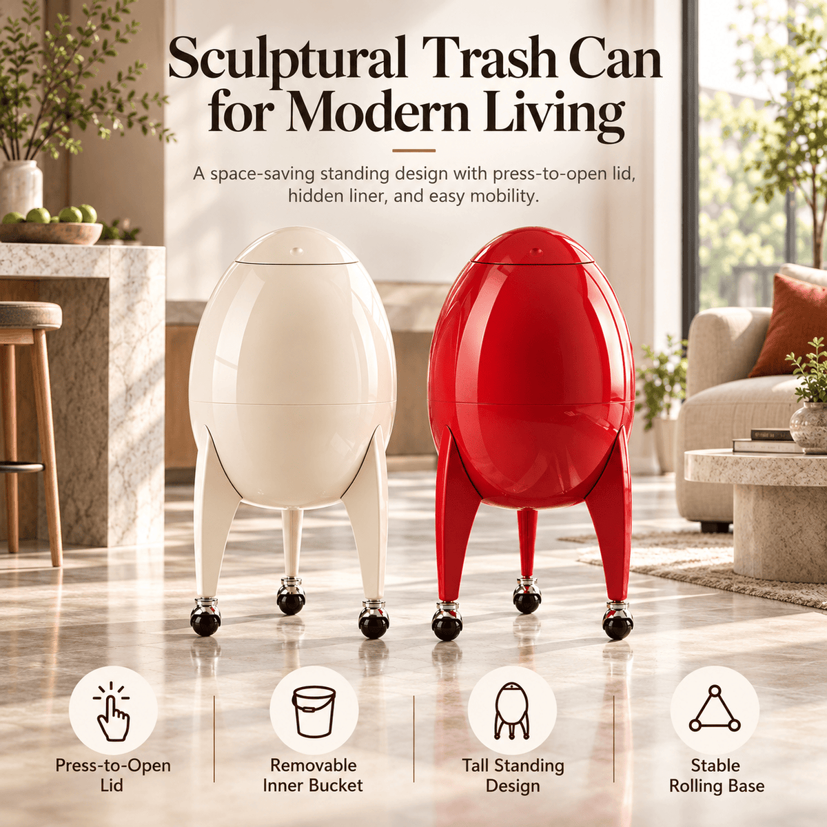 Modern Sculptural Rolling Trash Can with Press-to-Open Lid
