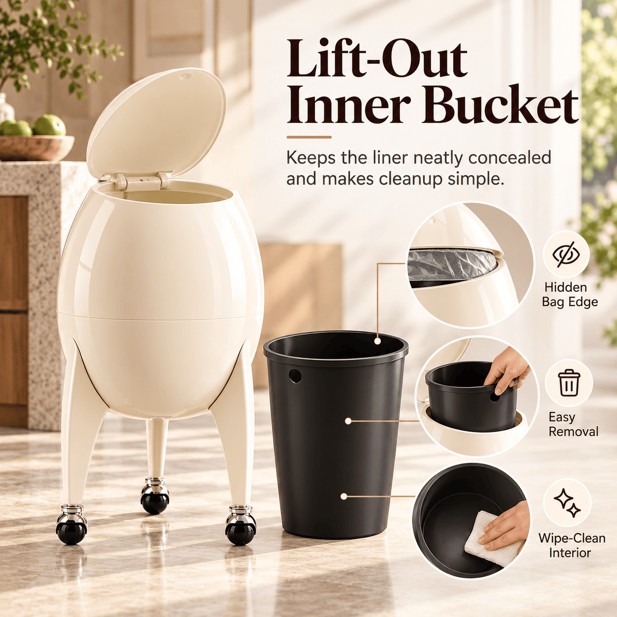 Modern Sculptural Rolling Trash Can with Press-to-Open Lid