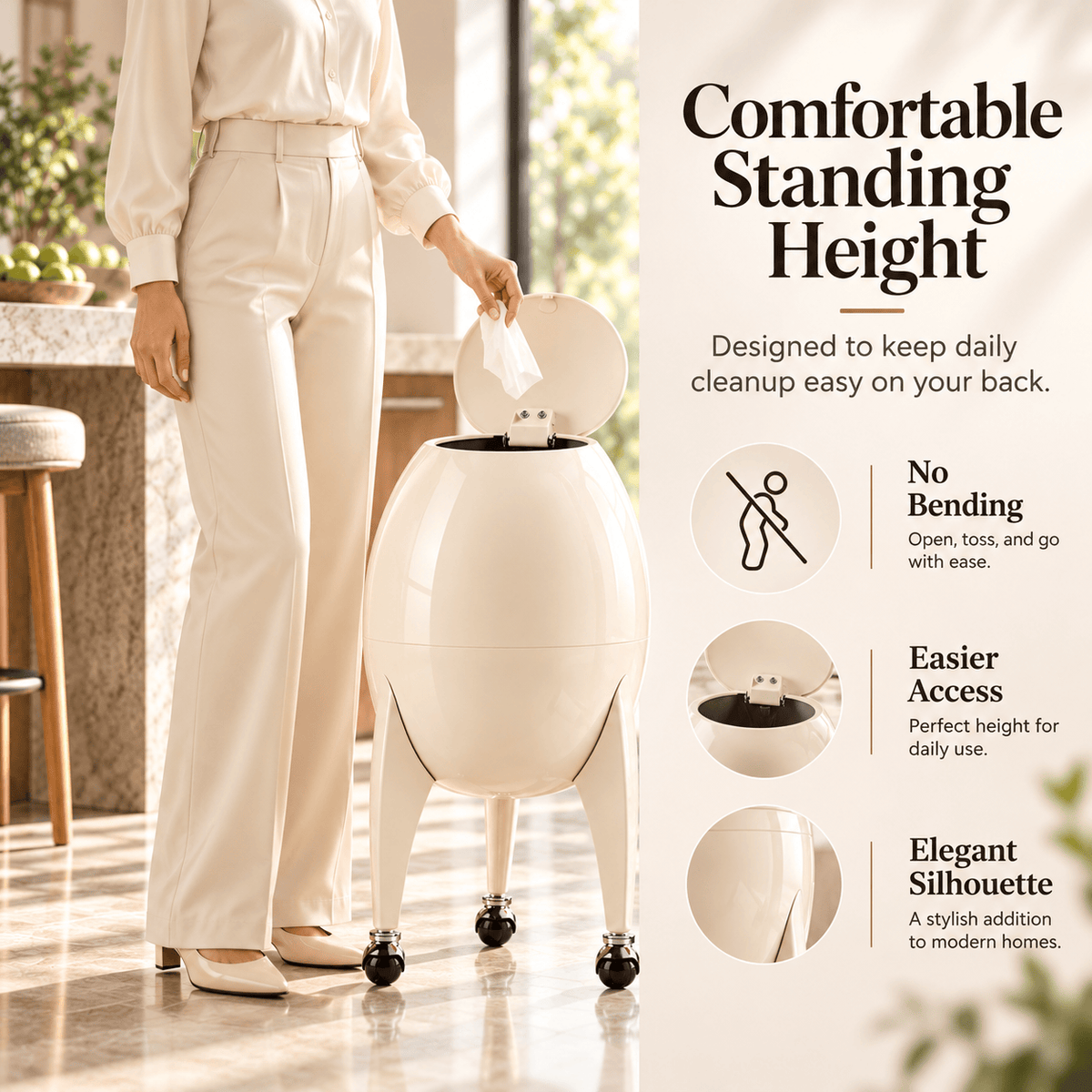 Modern Sculptural Rolling Trash Can with Press-to-Open Lid