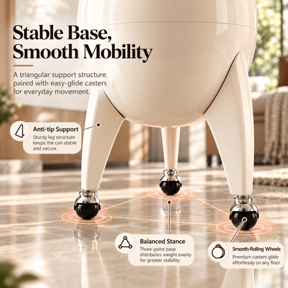 Modern Sculptural Rolling Trash Can with Press-to-Open Lid