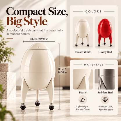Modern Sculptural Rolling Trash Can with Press-to-Open Lid