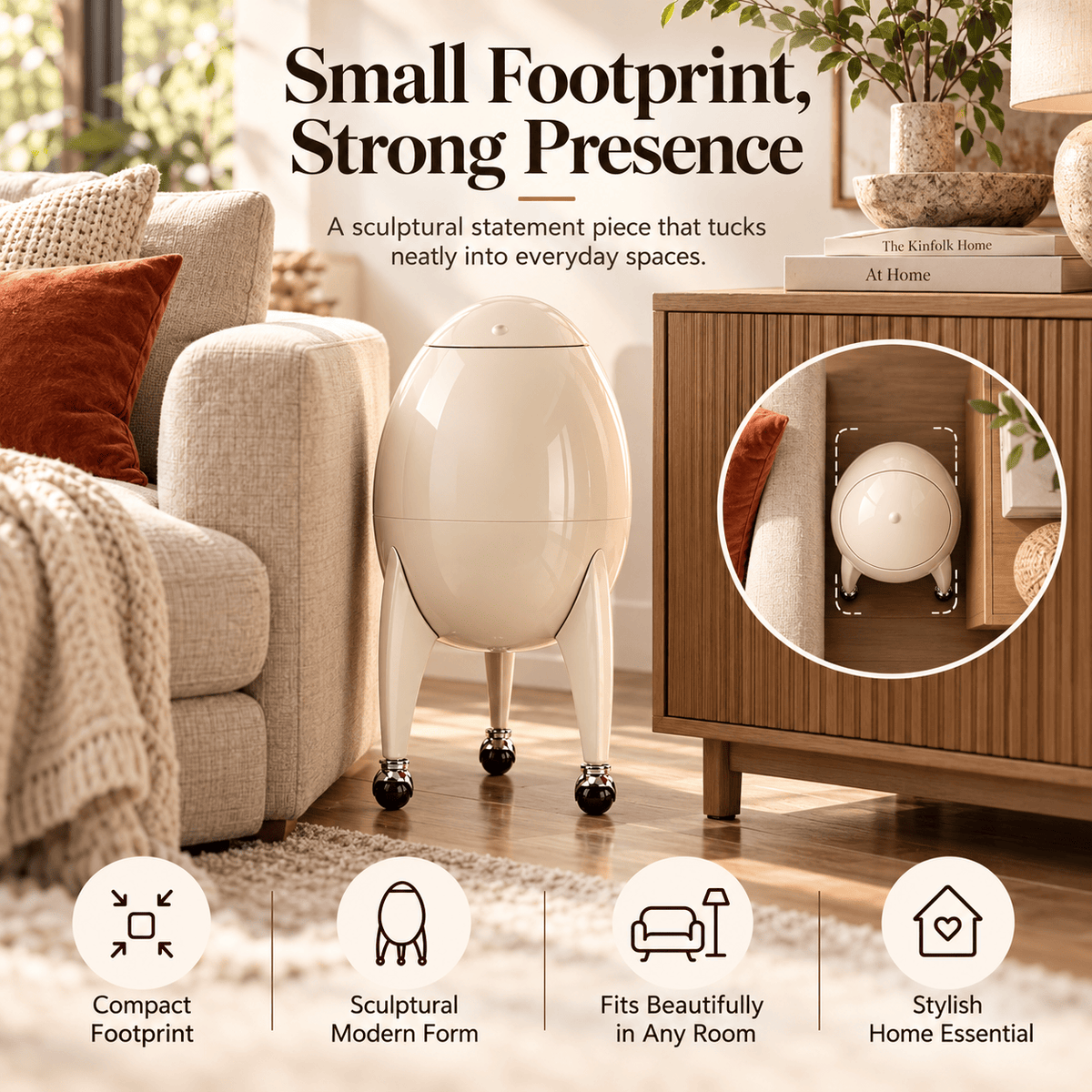 Modern Sculptural Rolling Trash Can with Press-to-Open Lid